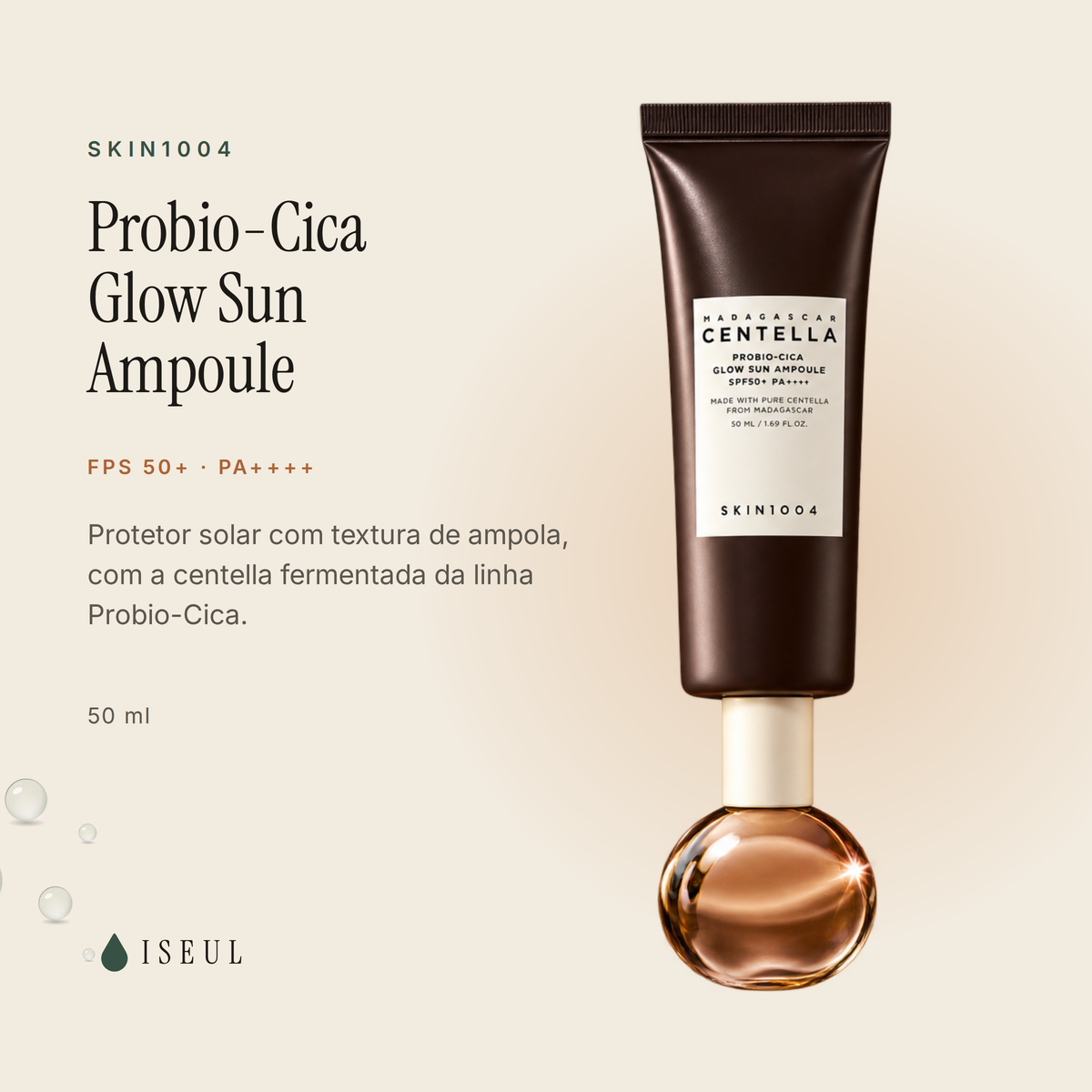 SKIN1004 Probio-Cica Glow Sun Ampoule · Protetor Solar FPS 50+ PA++++ · 50 ml